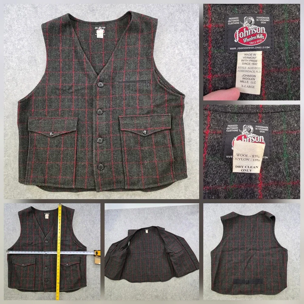 Johnson Woolen Mills Vest Mens XL? Gray Plaid Wool Adirondack PLD USA Hunting